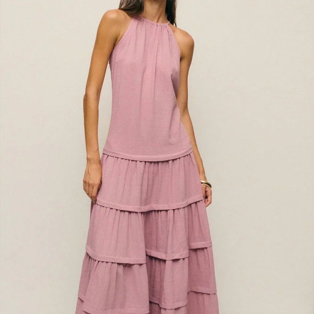 Rose Red Casual Women's Sleeveless High Neck Pleated Maxi Dress